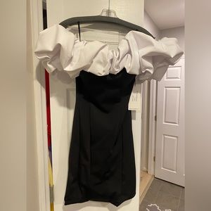Ashley Lauren Black cocktail dress with off the shoulder white ruffles